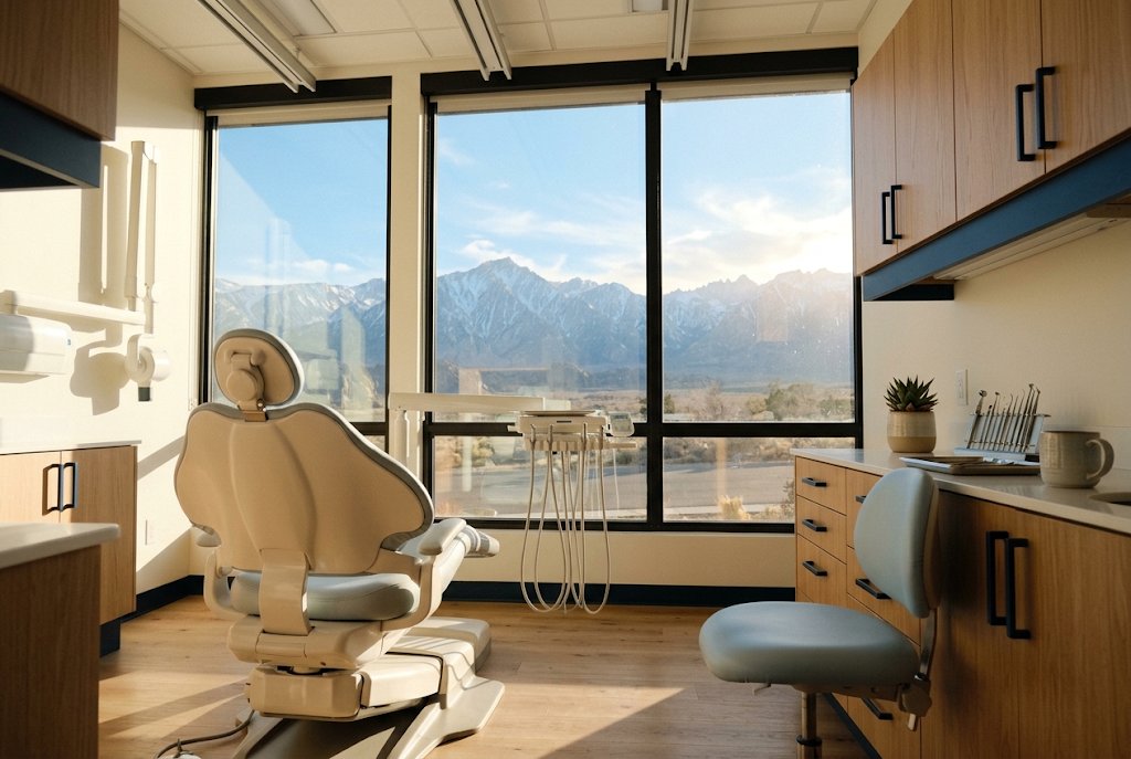 Modern dental operatory in a Reno Bluetree practice with Sierra Nevada view